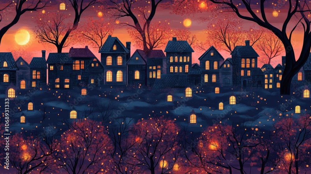 Seamless pattern depicting a warm night scene in a quaint town ideal for fabric design or wallpaper backgrounds Seamless pattern depicting a warm night scene in a quaint town ideal for fabric design or wallpaper backgrounds