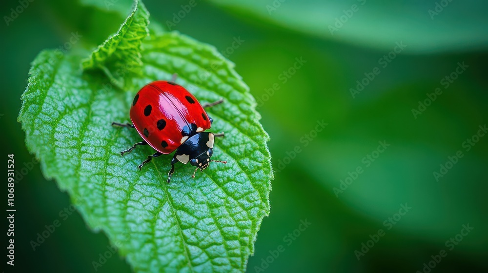 Ladybug crawling on green leaf, vivid red and black colors, sharp focus, softly blurred background, natural lighting Ladybug crawling on green leaf, vivid red and black colors, sharp focus, softly blurred background, natural lighting