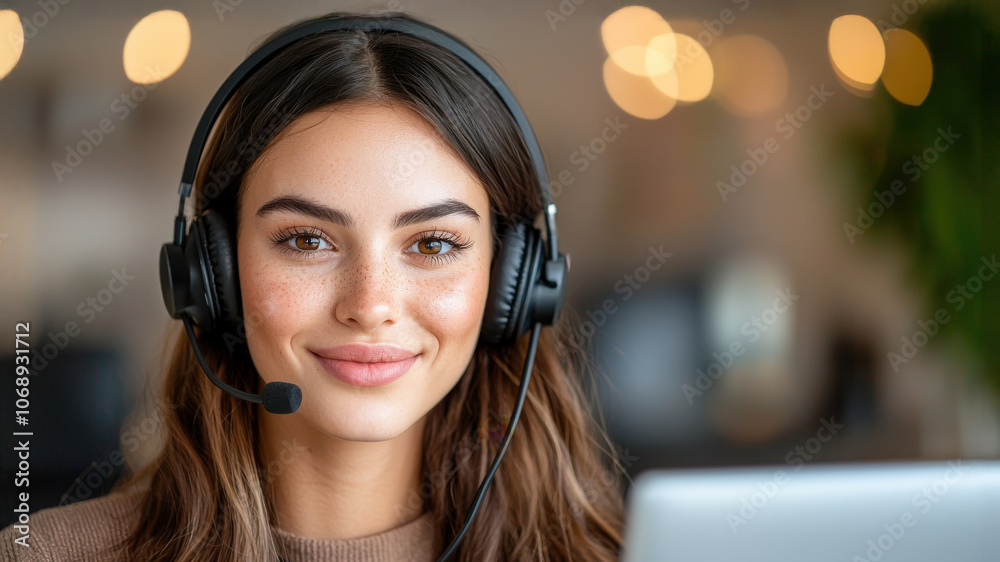 woman wearing headset is smiling while talking to customer, showcasing friendly and professional demeanor in modern office environment woman wearing headset is smiling while talking to customer, showcasing friendly and professional demeanor in modern office environment