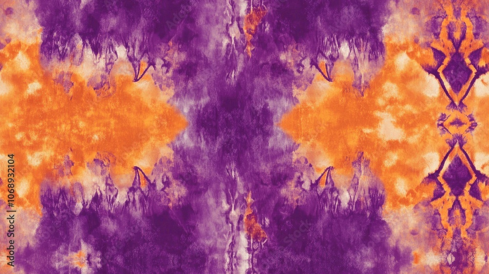 Vibrant seamless pattern featuring orange and violet dyed elements showcasing ethnic tie dye and geometric batik designs Vibrant seamless pattern featuring orange and violet dyed elements showcasing ethnic tie dye and geometric batik designs