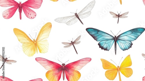 Seamless pattern of colorful butterflies and dragonflies on a white background perfect for botanical themed designs and wallpaper