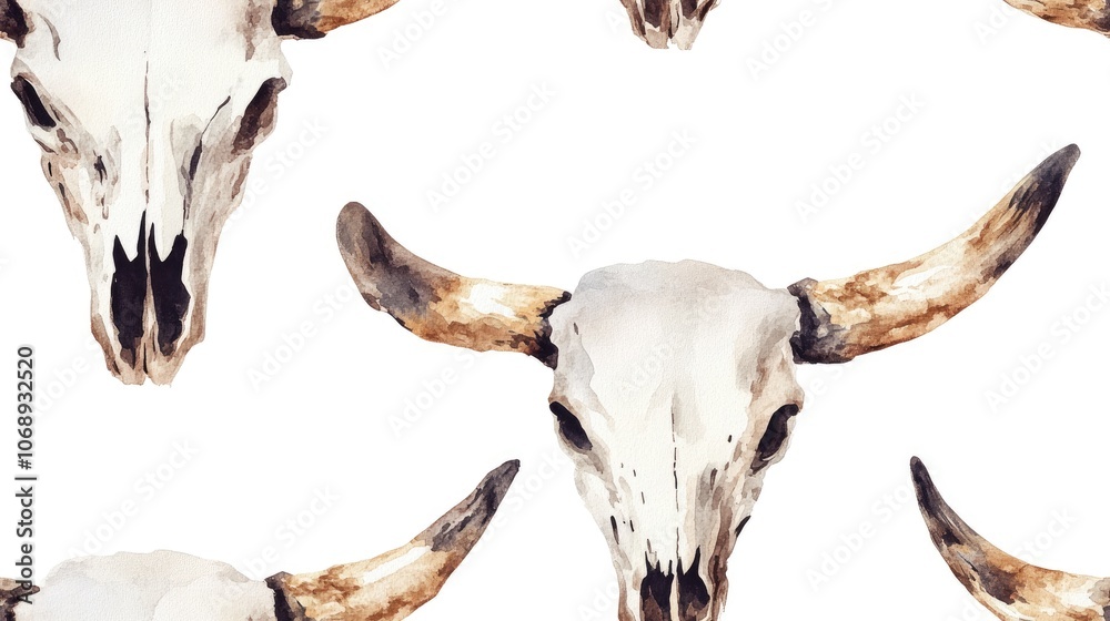 Seamless watercolor pattern featuring an artistic cow skull with prominent horns on a clean white backdrop textile design home decor Seamless watercolor pattern featuring an artistic cow skull with prominent horns on a clean white backdrop textile design home decor