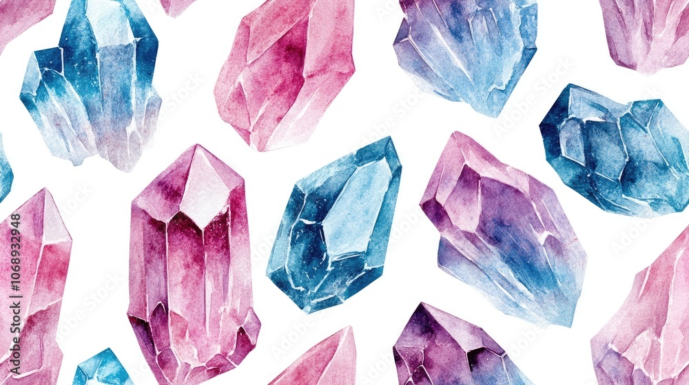 Seamless pattern of delicate pink and blue watercolor crystals isolated on white background perfect for stickers scrapbooking and packaging Seamless pattern of delicate pink and blue watercolor crystals isolated on white background perfect for stickers scrapbooking and packaging