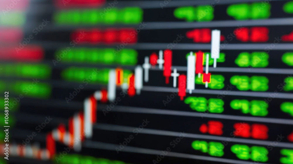 close up view of stock market trading graph with candlestick charts, showcasing fluctuating prices and market trends, conveying sense of financial activity and analysis