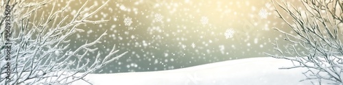 snowdrift winter background with snow scene, falling snowflakes and soft yellow glow from behind, sunny frost day, landscape design banner, holiday wallpaper with copy space, blurred bokeh effect