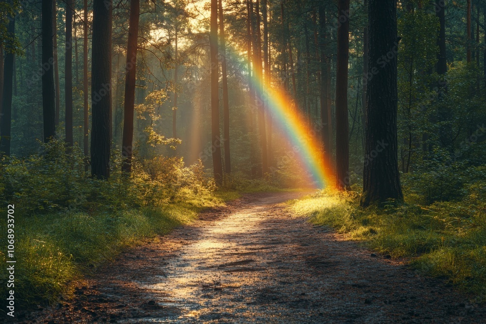 Obraz premium Forest Path with Rainbow Light and Sunbeams