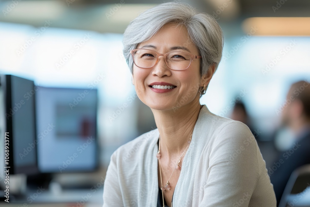 Mature woman smiling in office setting with a friendly expression. Mature woman smiling in office setting with a friendly expression.