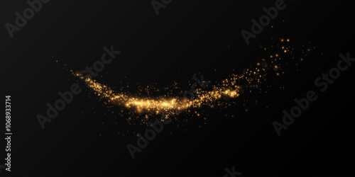 Festive gold light line. With fine particles of stardust, a golden ribbon winds around a dark background with a fine sprinkling of stars. curved light line, rope, ribbon. 
