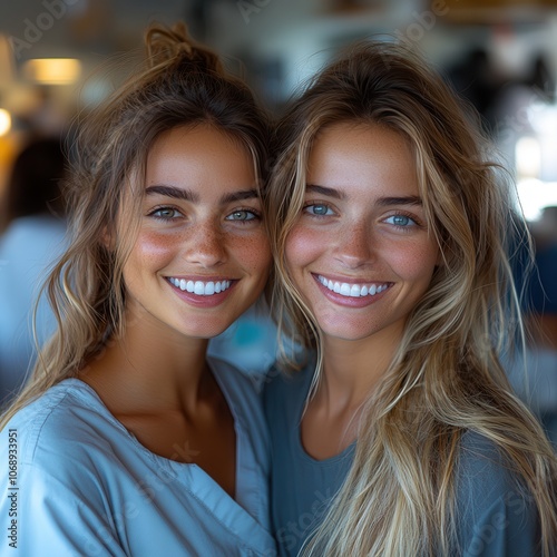 Joyful Friends Smiling in a Bright Cafe Setting