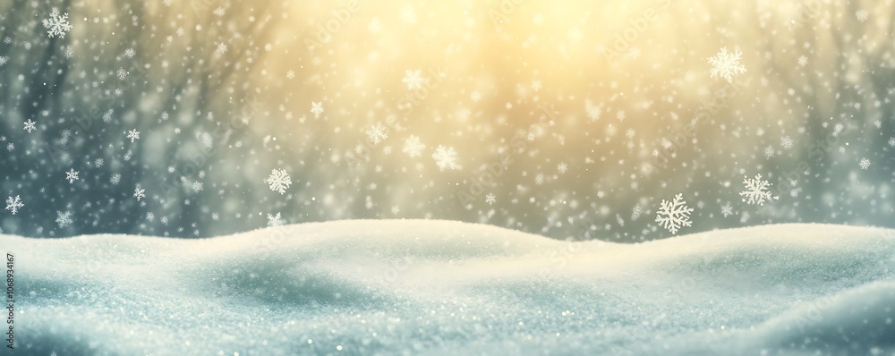 snowdrift winter background with snow scene, falling snowflakes and soft yellow glow from behind, sunny frost day, landscape design banner, holiday wallpaper with copy space, blurred bokeh effect snowdrift winter background with snow scene, falling snowflakes and soft yellow glow from behind, sunny frost day, landscape design banner, holiday wallpaper with copy space, blurred bokeh effect