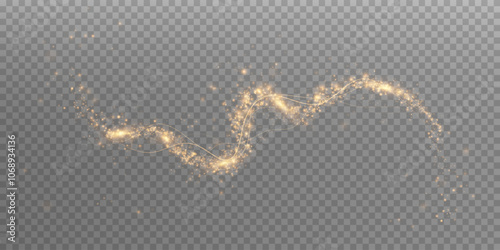 Festive gold light line. With fine particles of stardust, a golden ribbon winds around a dark background with a fine sprinkling of stars. curved light line, rope, ribbon. 
