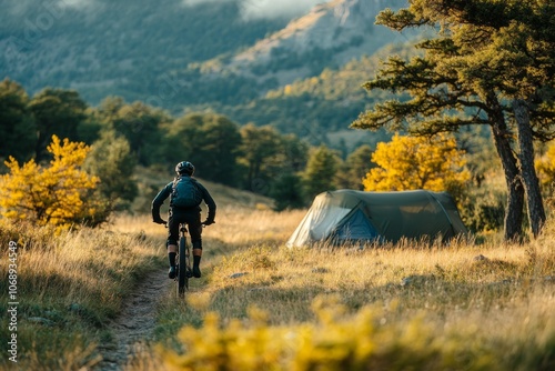Mountain Biking Adventure with a View of a Tent and a Meadow
