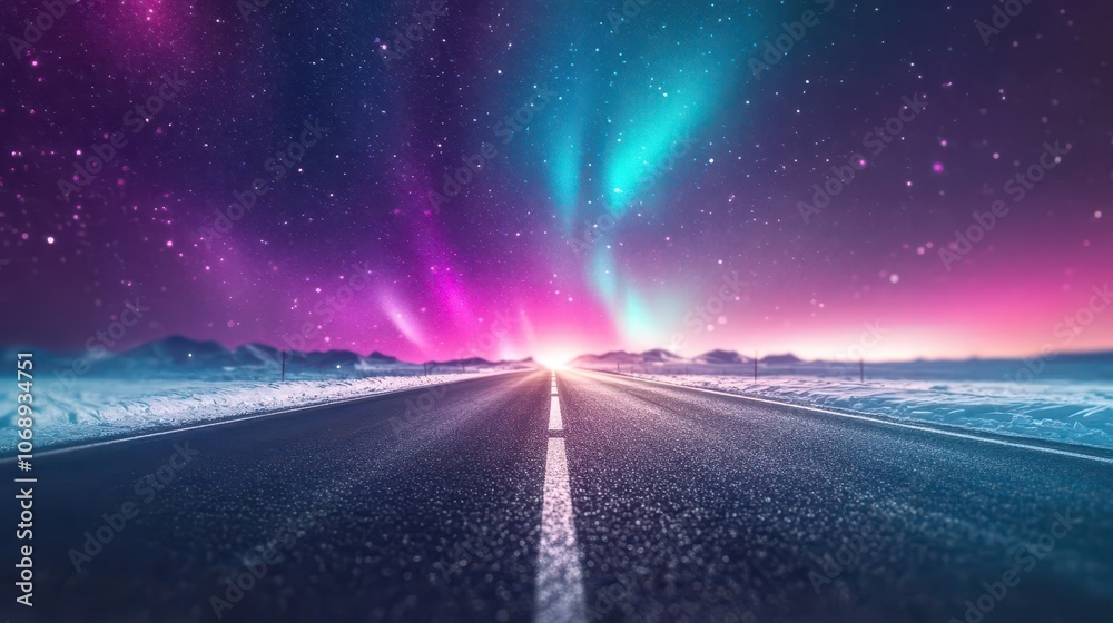 A snowy road glowing under Northern Lights, bold watercolor shades blending into a cosmic purple horizon A snowy road glowing under Northern Lights, bold watercolor shades blending into a cosmic purple horizon