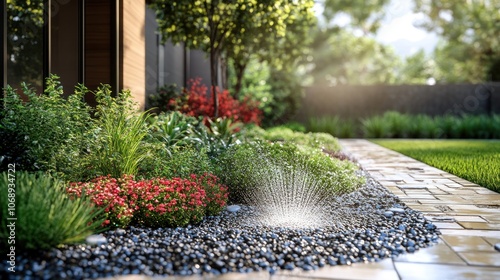 A sprinkler system waters a lush garden with colorful flowers, green plants, and a stone path.