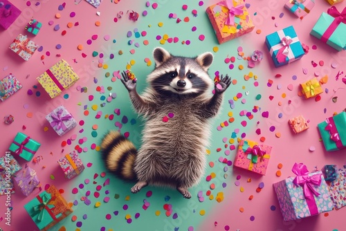 A playful raccoon surrounded by confetti and tiny gifts, neon highlights, cartoonish style, celebrating New Year s joy photo