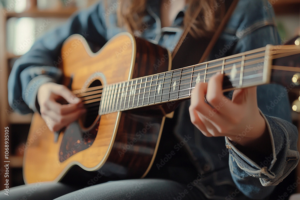 Fototapeta premium A person playing acoustic guitar indoors in a cozy setting