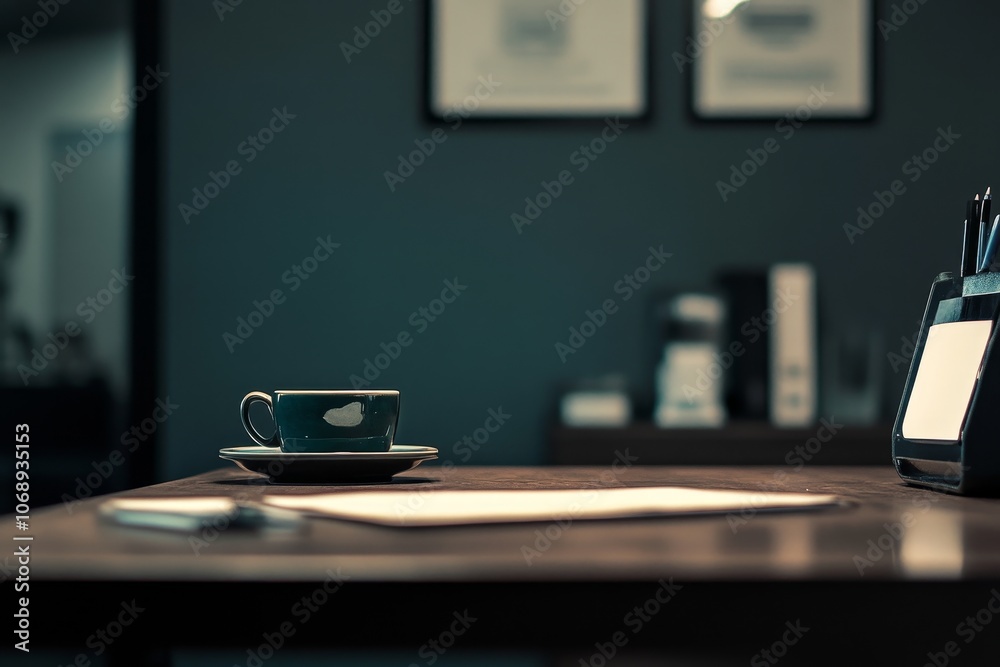 A cup of coffee on a desk with papers, a pen, a phone, and other office items. A cup of coffee on a desk with papers, a pen, a phone, and other office items.