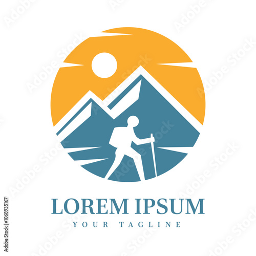 Hiker with Backpack under Sun and Mountains Ideal for Travel, Outdoor, Nature, and Adventure Brand Identity