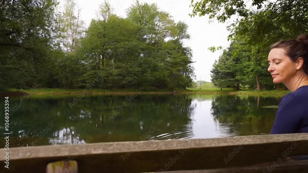 A person sitting by a still lake, watching the reflections of the trees on the water. A person sitting by a still lake, watching the reflections of the trees on the water.