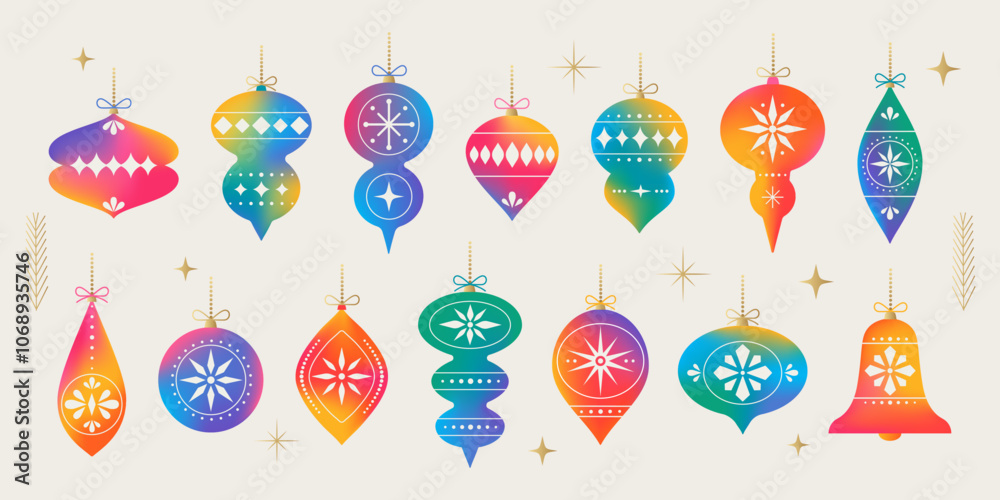 Christmas and New Year decorations in a modern minimalist flat style. Christmas colorful geometric ornament isolated on white background. Christmas and New Year decorations in a modern minimalist flat style. Christmas colorful geometric ornament isolated on white background.