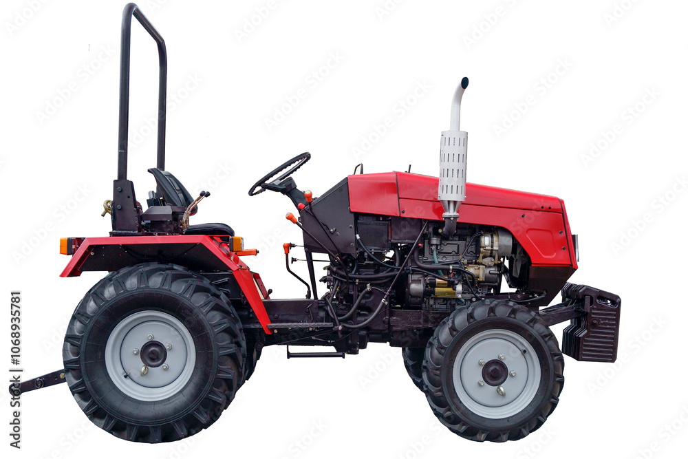 Mini tractor isolate. Farm tractor for agricultural work on empty background Mini tractor isolate. Farm tractor for agricultural work on empty background