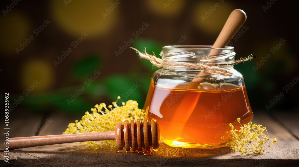 Pure Natural Honey in Glass Jar with Dipper Pure Natural Honey in Glass Jar with Dipper
