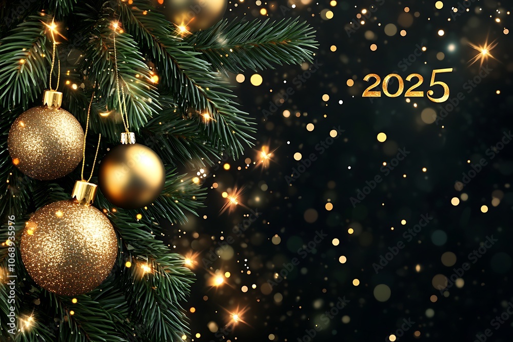 golden shiny Christmas decorations balls on black background, magic shiny holiday card with copy space, sparkling effect pattern, 2025 number new year symbol golden shiny Christmas decorations balls on black background, magic shiny holiday card with copy space, sparkling effect pattern, 2025 number new year symbol