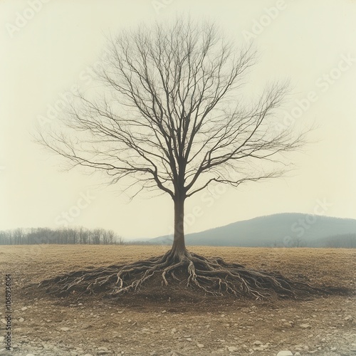 Solitary Tree with Exposed Roots in Serene Landscape