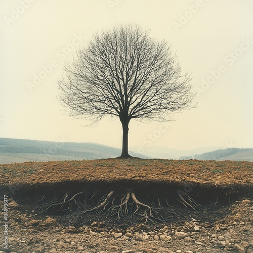 Tree with Exposed Roots in Minimalist Landscape