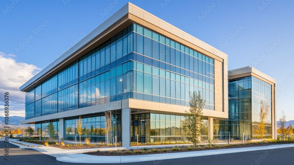 Modern glass office building with a sleek design and landscaped surroundings. Modern glass office building with a sleek design and landscaped surroundings.