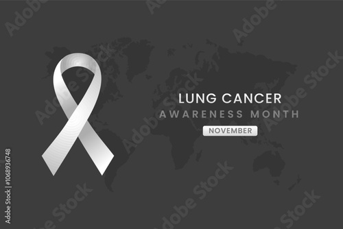 Lung cancer awareness illustration on black background with white ribbon.