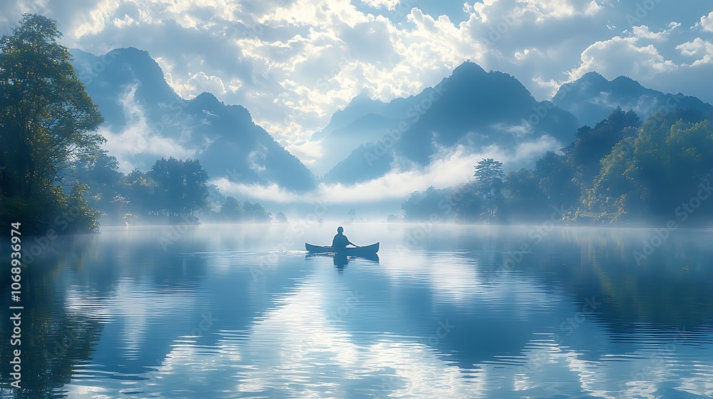 Fototapeta premium A lone kayaker paddles through a serene lake at sunrise, surrounded by misty mountains.