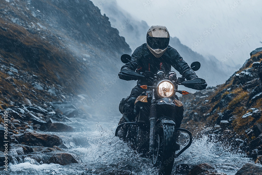 Obraz premium Motorcycle adventure through rocky terrain during a rainy day