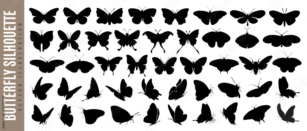 Obraz premium Beautiful flying butterfly, wild nature insect, firefly and summer or spring winged animal of different species silhouette or symbol art isolated on white background. Butterfly monarch or bug tattoo.