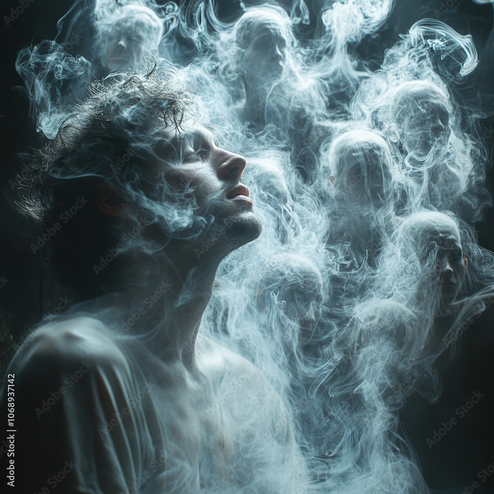 Ethereal Portrait with Vapor and Ghostly Figures