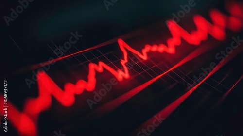An electrocardiogram showing a flatline heartbeat in a stressful situation, a heart rate in a quiescent state. Black background with red heartbeat line