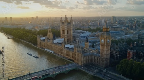 Aerial view of the Houses of Parliament and Big Ben in London, England, at sunset.