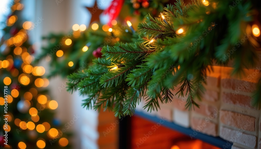 Pine Garland on Fireplace with Twinkling Lights Pine Garland on Fireplace with Twinkling Lights