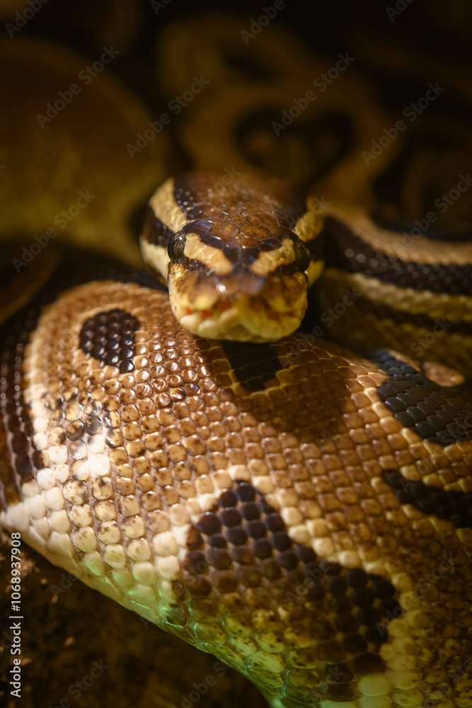 Royal python in detail on the head curled.
Royal python in detail on the head curled.