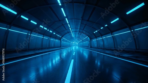 Futuristic road tunnel with neon blue lights and smooth surface, creating a sci-fi inspired atmosphere