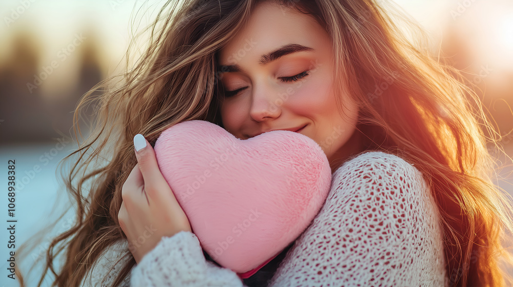 Young woman hugs a big heart with love and care. Girl with long hair holds pink heart in her hands. Self care, body care
Young woman hugs a big heart with love and care. Girl with long hair holds pink heart in her hands. Self care, body care