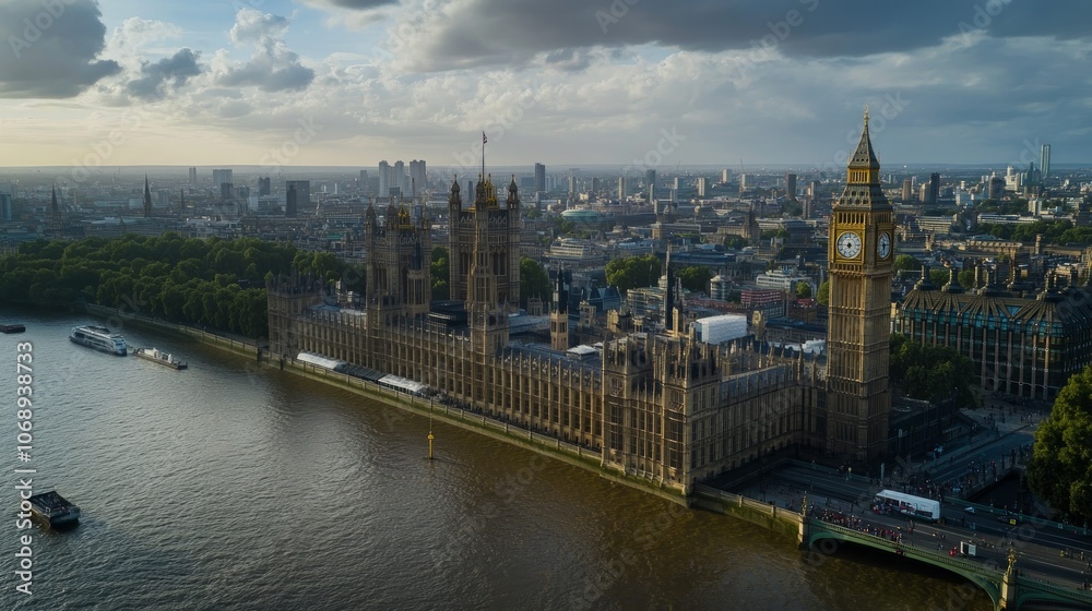 Obraz premium Aerial view of the Houses of Parliament and Big Ben in London, England, with the River Thames in the foreground.