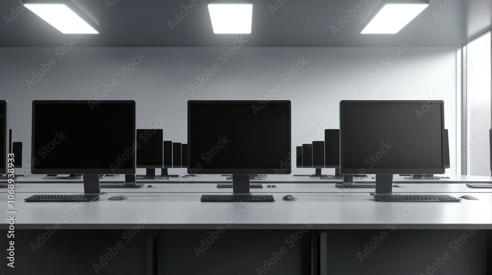 Uniform computer monitors aligned on sleek office desks, creating a modern, organized workspace atmosphere, ideal for productivity and collaboration. Uniform computer monitors aligned on sleek office desks, creating a modern, organized workspace atmosphere, ideal for productivity and collaboration.