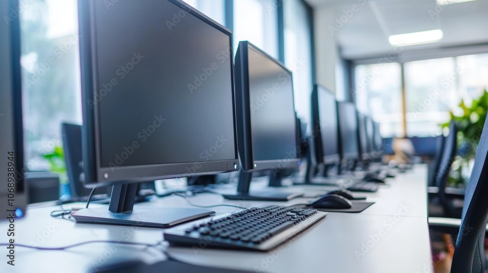 Uniform computer monitors aligned on sleek office desks, creating a modern workspace atmosphere, enhancing productivity and focus. Uniform computer monitors aligned on sleek office desks, creating a modern workspace atmosphere, enhancing productivity and focus.