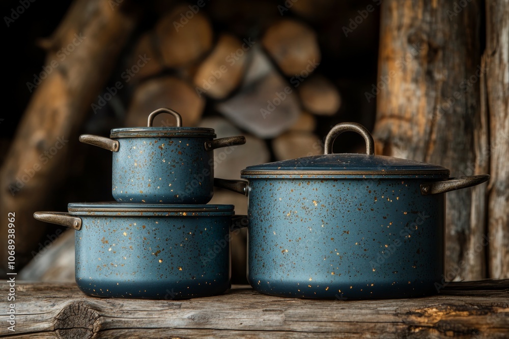 Blue and Gold Speckle Pots on Rustic Wooden Table Blue and Gold Speckle Pots on Rustic Wooden Table