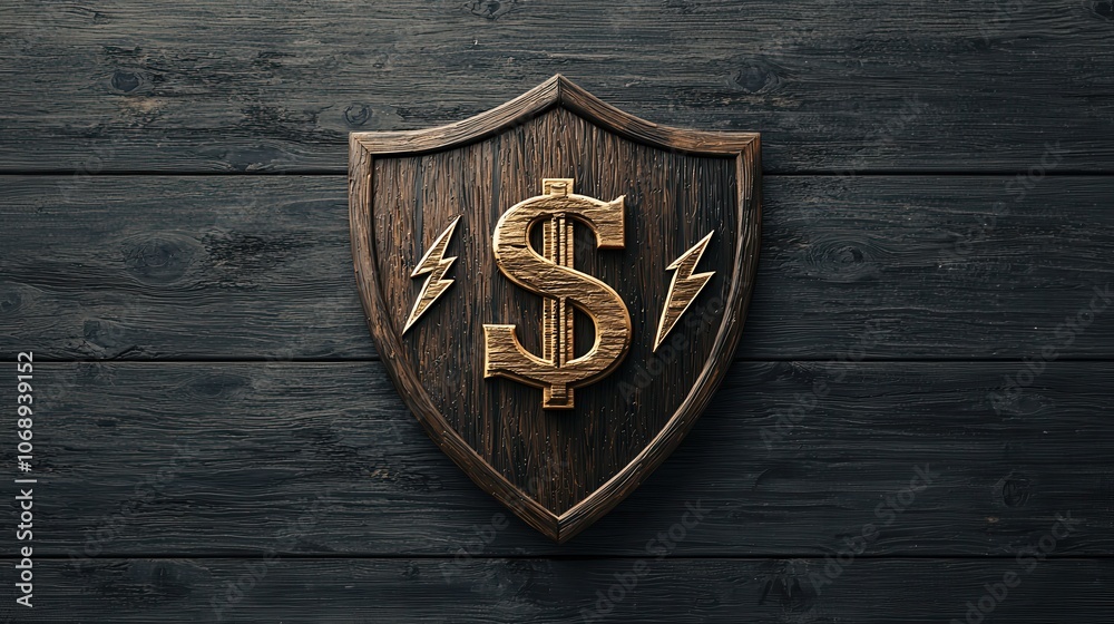 Shield symbolizing wealth with a carved dollar sign and lightning elements Shield symbolizing wealth with a carved dollar sign and lightning elements