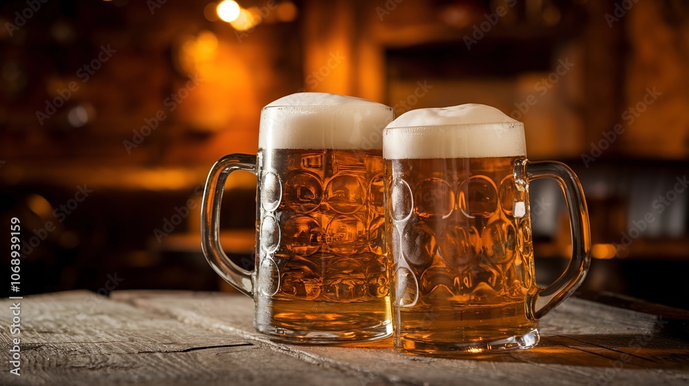 Rustic Charm: Two Frothy Beer Mugs on an Aged Wooden Table in a Cozy Pub Rustic Charm: Two Frothy Beer Mugs on an Aged Wooden Table in a Cozy Pub