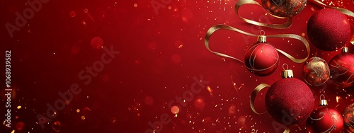 ball decorations isolated on red festive background, banner with copy space for text greetings for Christmas or New Year holidays
