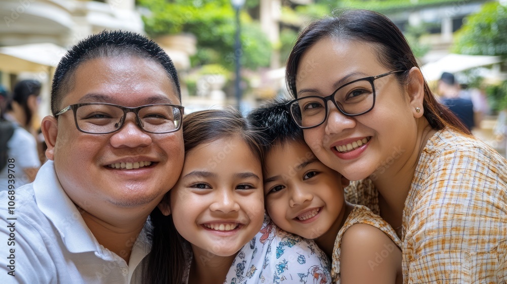A cheerful family poses together for a selfie, showcasing their happiness and connection. A cheerful family poses together for a selfie, showcasing their happiness and connection.