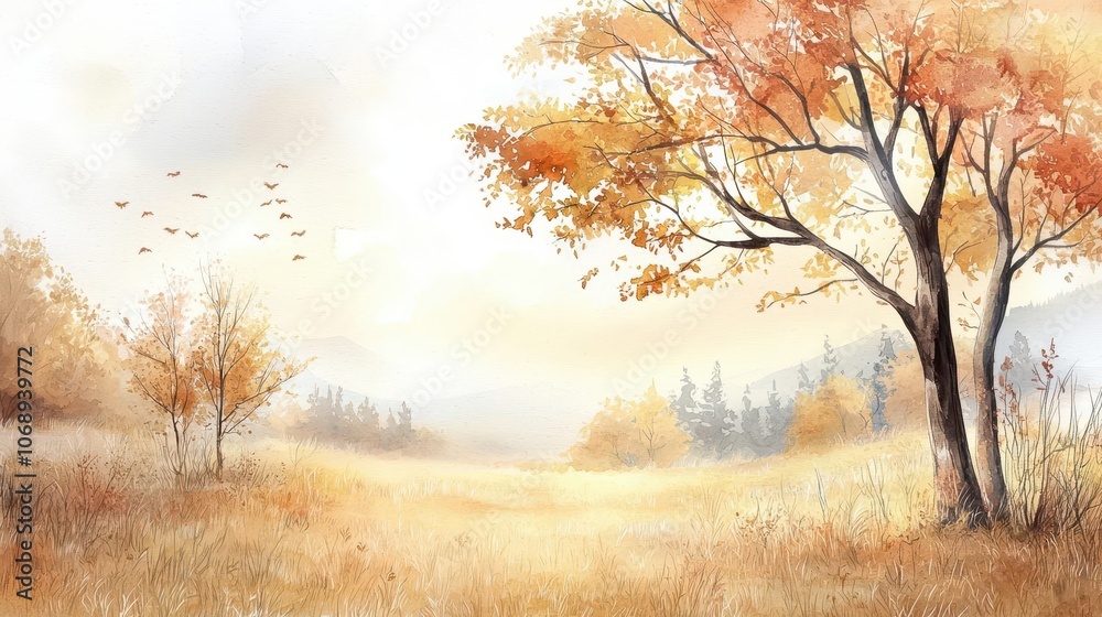 A serene autumn landscape featuring vibrant trees, soft golden grass, and a tranquil atmosphere under a cloudy sky. A serene autumn landscape featuring vibrant trees, soft golden grass, and a tranquil atmosphere under a cloudy sky.